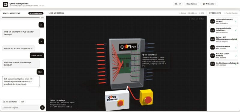 Die Bildschirmansicht des QFire Konfigurators für Photovoltaik-Feuerwehrschalter, Q3 Energie stellt ihn auf der Intersolar Europe 2026 vor.