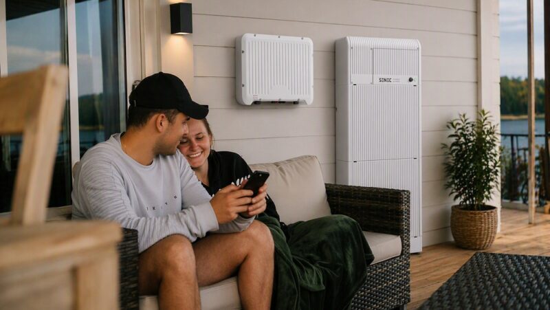 Ein Paar sitzt auf einen Sofa vor dem Haus neben dem Batteriespeicher Wall von Senec, den das Unternehmen auf der Intersolar/EES 2026 vorstellt.