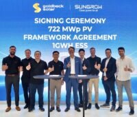 Firmenvertreter von Sungrow und Goldbeck Solar auf der Messe Intersolar 2026 bei der Vertragsunterzeichnung für das größte Photovoltaik-Projekt Europas.