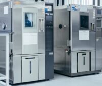 Im Prüflabor Power Test Center Cologne testen Fachleute vom TÜV Rheinland große Batteriespeichersysteme und Komponenten von Photovoltaik-Wechselrichtern.