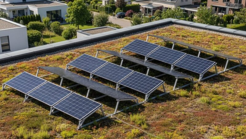 Das PV-Montagesystem Triton flora von T.Werk auf einem Gründach.