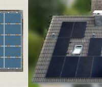 Eine Photovoltaik-Anlage auf einem Dach mit drei Dachfenstern, die Solarmodul-Belegung aus horizontal und vertikal verlegten Solarpanelen plante Tegrona Lite.