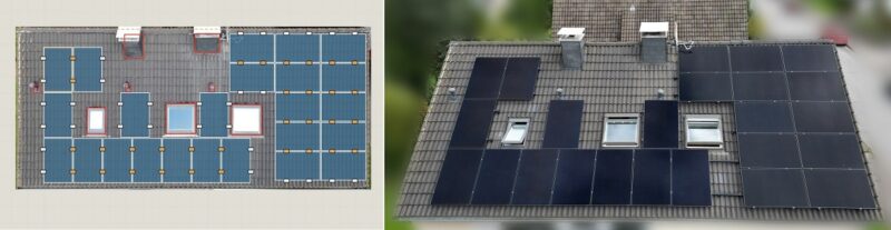 Eine Photovoltaik-Anlage auf einem Dach mit drei Dachfenstern, die Solarmodul-Belegung aus horizontal und vertikal verlegten Solarpanelen plante Tegrona Lite.