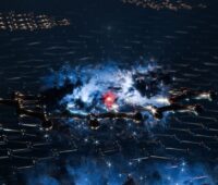 Eine mit Impulsmikroskopie visualisierte Wellenfunktion eines hybriden Exzitons mit Elektron (rot) und Loch (blaue Wolke) für die Solarzellen-Grundlagenforschung.