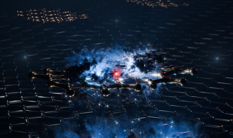 Eine mit Impulsmikroskopie visualisierte Wellenfunktion eines hybriden Exzitons mit Elektron (rot) und Loch (blaue Wolke) für die Solarzellen-Grundlagenforschung.