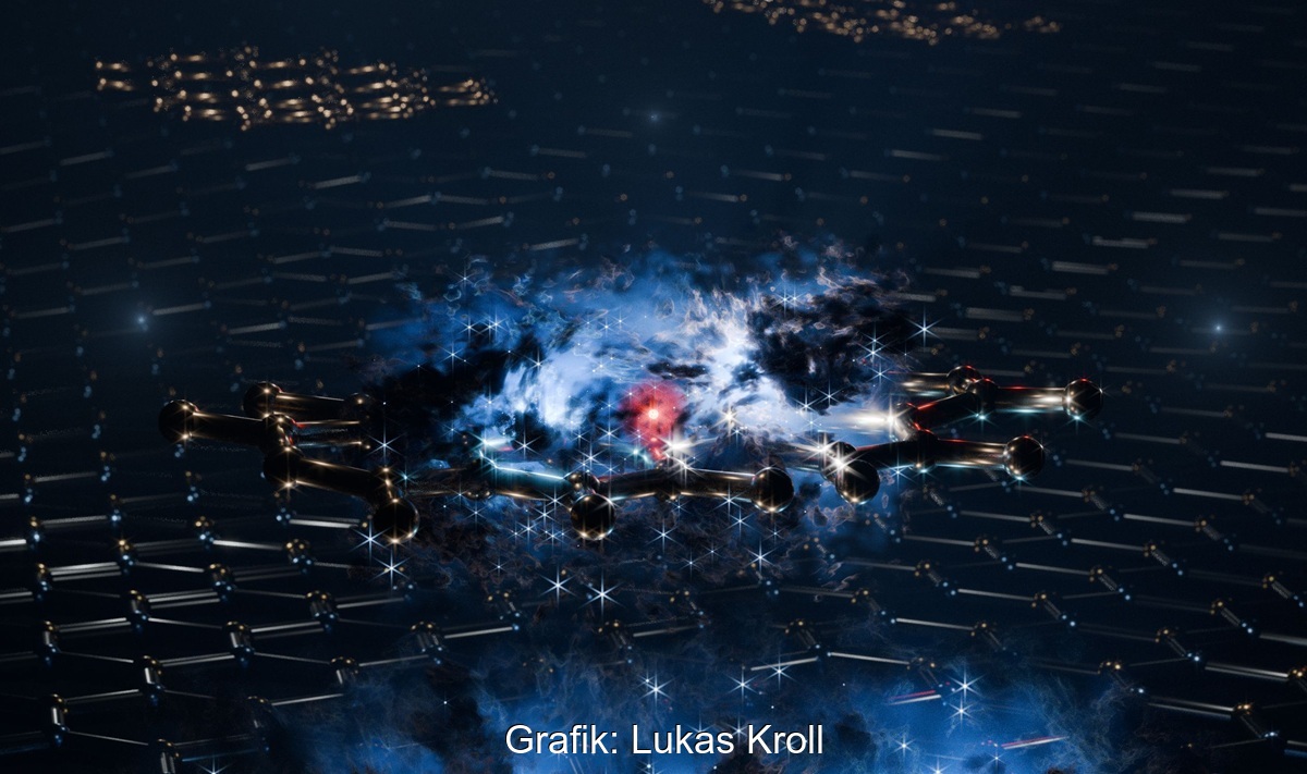 Eine mit Impulsmikroskopie visualisierte Wellenfunktion eines hybriden Exzitons mit Elektron (rot) und Loch (blaue Wolke) für die Solarzellen-Grundlagenforschung.