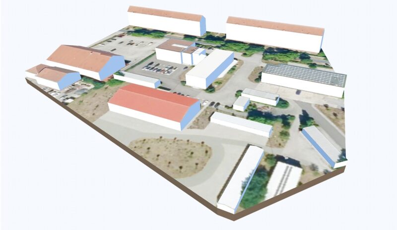 Eine Grafik zeigt 3D-Gebäudemodelle von Rexplorer, die in die Photovoltaik-Planungssoftware PV*Sol premium von Valentin Software importiert wurden.