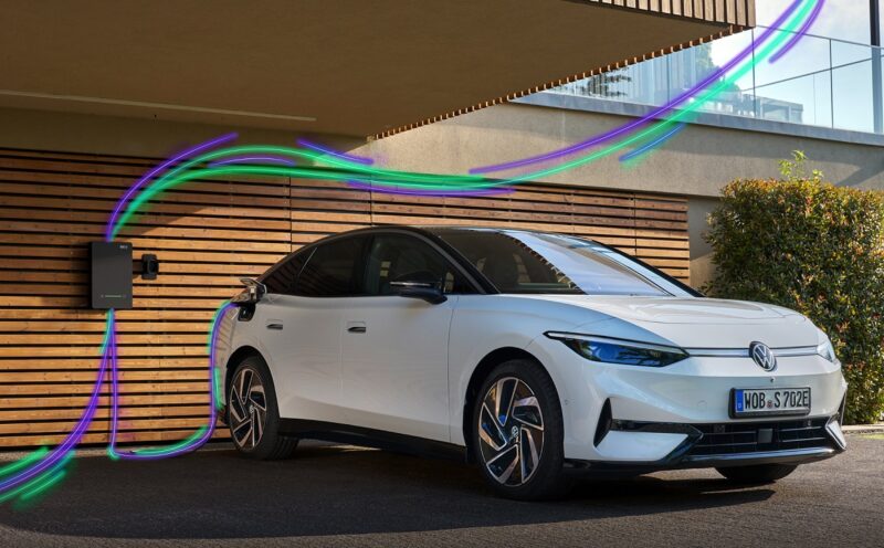 Ein E-Auto von Volkswagen an der Wallbox, bunte Streifen symbolisieren den Energiefluss zwischen Fahrzeug und Stromnetz im Rahmen von Vehicle-to-Grid.