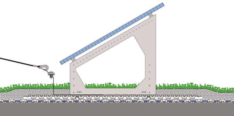 Ein Schema zeigt den PVT Wärmepumpenkollektor von Consolar mit dem Solarvert-Montagesystem für die Anwendung auf Gründächern von Zinco.