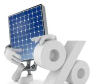 Photovoltaik-Modul mit Händen und Beinen und Prozentzeichen, die Preise für Photovoltaik-Module im Dezember 2025 stagnieren auf niedrigem Niveau.