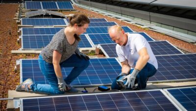 Im Bild ein Mann und eine Frau beim Praxisteil vom Photovoltaik-Lehrgang vom Bundesverband Photovoltaic Austria und TÜV Austria.