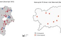 Im Bild die Vorrangzonen für PV-Freiflächenprojekte in der Steiermark und Niederösterreich.