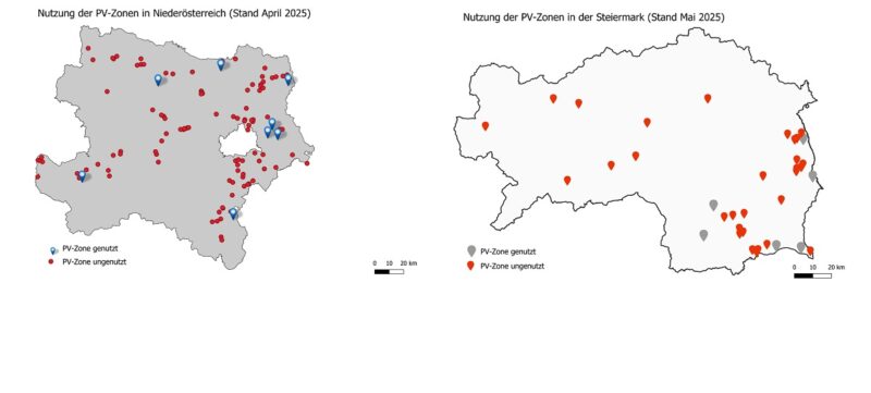 Im Bild die Vorrangzonen für PV-Freiflächenprojekte in der Steiermark und Niederösterreich.