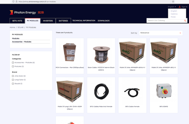 Screenshot des Online Shops für Photovoltaik-Komponenten