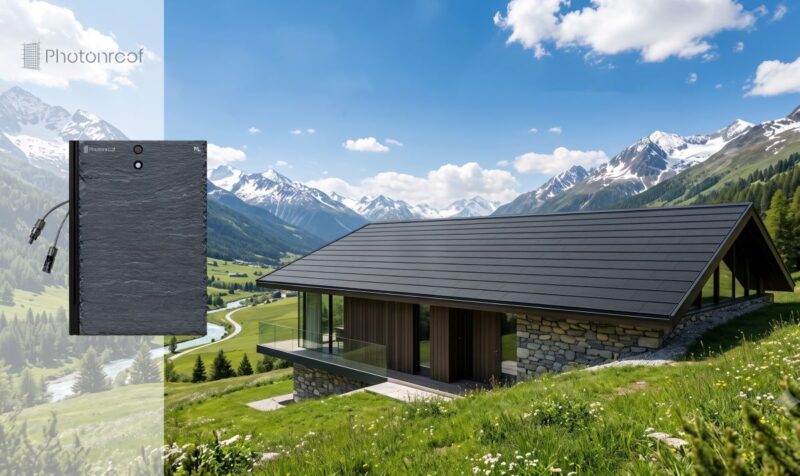 KI-Visualisierung eines mit schwarzen Solarziegeln gedeckten Hauses in Gebirgsregion.
