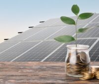 Glas mit Münzen und Pflanze vor Photovoltaik-Anlagen, Symbol für EEG-Ausschreibung 2025