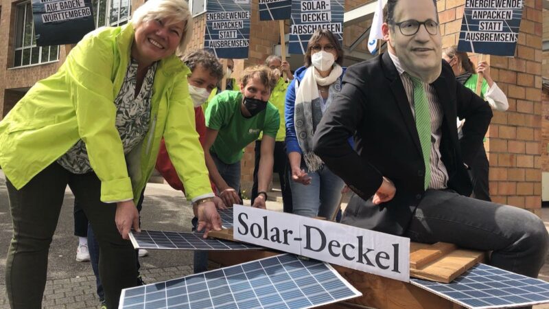 Protestierende mit symbolischen Photovoltaik-Modulen in einer Kiste mit Deckel