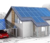 Grafik zeigt E-Auto mit Wallbox und Solar-Anlage auf dem Dach.