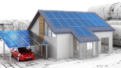 Grafik zeigt E-Auto mit Wallbox und Solar-Anlage auf dem Dach.