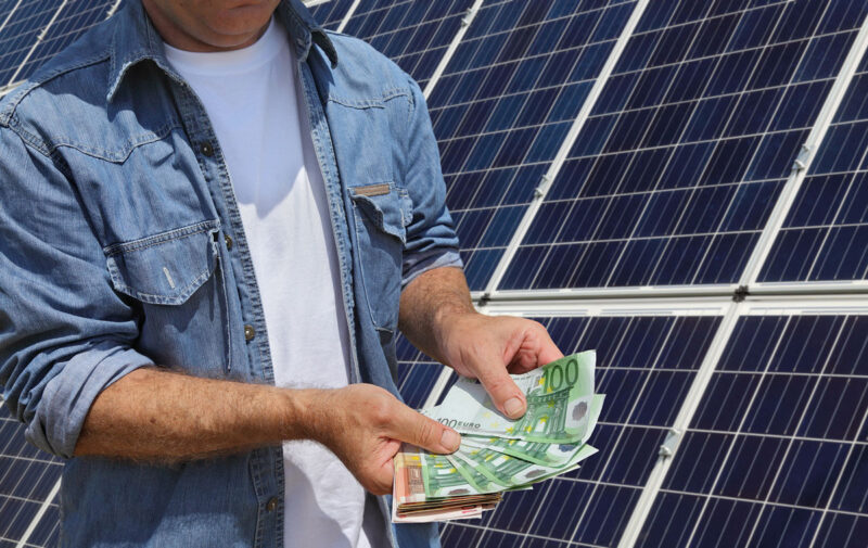 Symbolbild für Kommunale Förderung von Photovoltaik in einer Kommune: Mann fächert Geldscheine vor einer PV-Anlage auseinander.