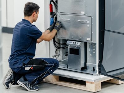 Im Bild ein Arbeiter, der an dem Photovoltaik-Langzeitspeicher Picea arbeitet.