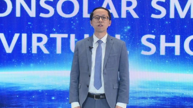 Zu sehen ist Chen Guoguang, Präsident des Huawei Smart PV Business, während der virtuellen Vorstellung der Photovoltaik-Neuheiten von Huawei.