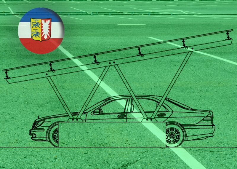 Zu sehen ist die grafische Darstellung eines Solar-Carports wie sie in der Photovoltaik-Pflicht für Parkplätze in Schleswig-Holstein vorgesehen ist.