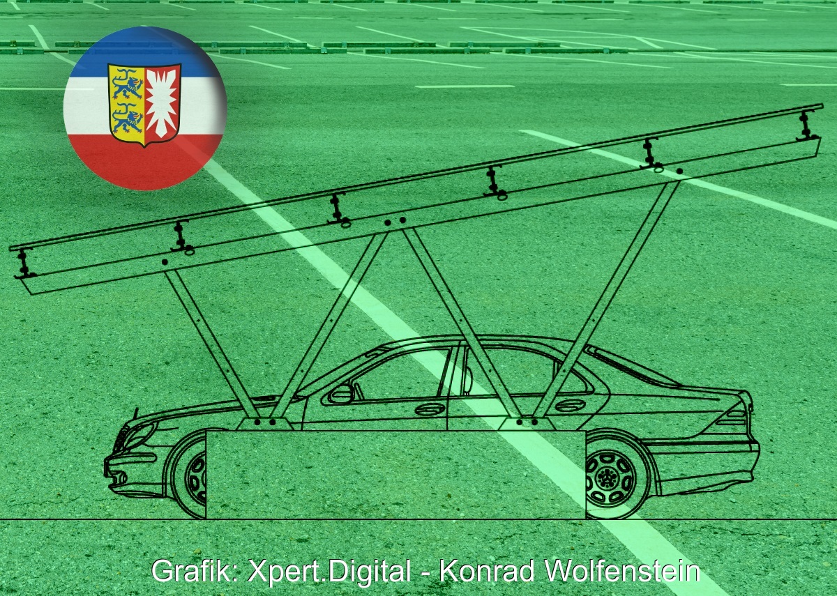 Zu sehen ist die grafische Darstellung eines Solar-Carports wie sie in der Photovoltaik-Pflicht für Parkplätze in Schleswig-Holstein vorgesehen ist.