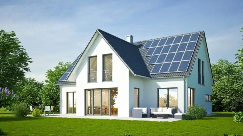 Die Illustration zeigt ein modernes, weißes Einfamilienhaus im Grünen mit Rasen vor der Terrasse, links ein Sitzplatz, rechts Loungemöbeln, und Bäumen sowie Sträuchern dahinter, auf dem dunkelgrauen Dach eine PV-Anlage.