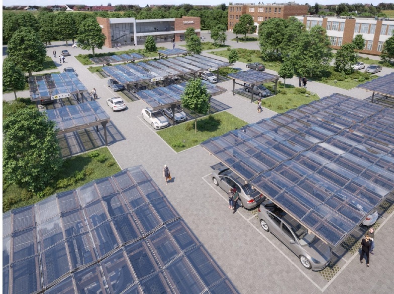 Zu sehen ist ein Solar Carport von Sopago, mit dem System können Betreiber auch die Photovoltaik-Pflicht erfüllen, die immer mehr Bundesländer einführen.