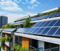 Photovoltaikanlagen an einem modernen Mehrparteienhaus mit terassenartigen Dachgärten