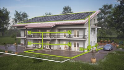 Im Bild eine schematische Darstellung eines Hauses mit PV-Anlage als Symbol für die Batteriespeicher-Sharing-Lösung für Mehrfamilienhäuser von Pionierkraft.