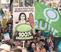 Demonstrationszug für Energiewende in Berlin - Vorderung ein gemaltes Plakat das Katherina Reiche als Giftmischerin zeigt, die den grünen Stromsee mit Öl und Kohle vergiftet.