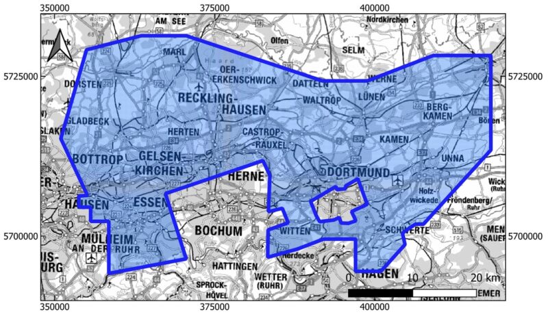 Eine Landkarte zeigt den Umfang der Erdwärme Metropole Ruhr, dem größten Erdwärme-Erkundungsgebiet Deutschlands.
