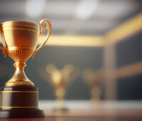 Goldener Pokal auf einem Sockel als Symbol für German Renewables Award oder einen Preis oder Auszeichnung.