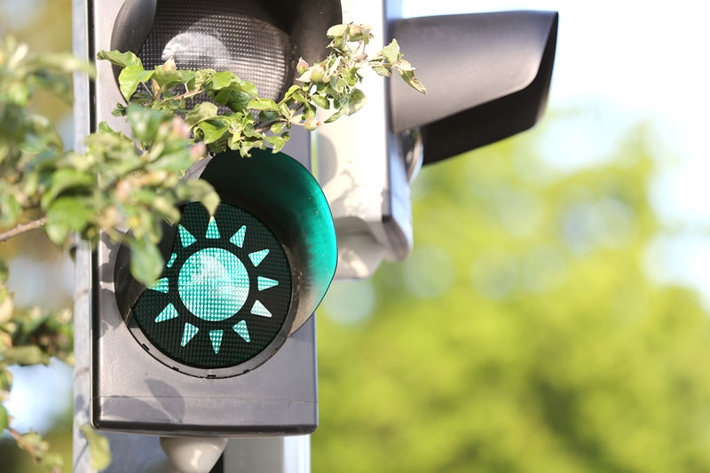 Grüne Ampel mit Sonnensymbol