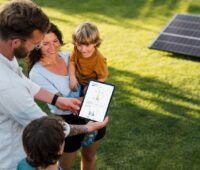 Im Bild eine Familie mit einem Tablett, auf der die Orbit Energiemanagement-App für Balkonkraftwerke läuft.