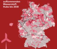 Grafik zeigt Wasserstoff-Hubs auf Deutschland-Karte und Leitungen.