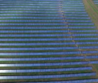 Luftbild von Solarmodul-Reihen auf grüner Wiese.