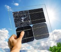 Im Bild eine Hand, die Silizium-basierte Solarzellen in die Sonne hält, vom Perowskit-Tandemzellen verspricht sich Qcelle einen höheren Wirkungsgrad.