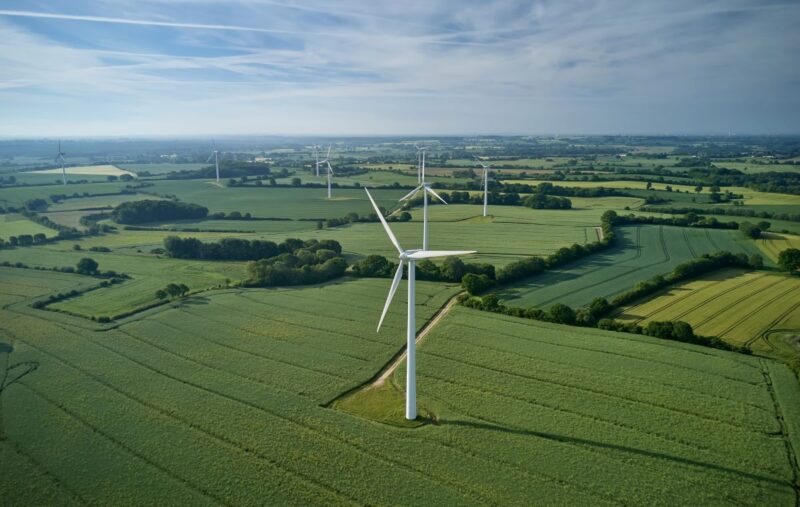 Luftaufnahme Windpark im grünen Flachland.