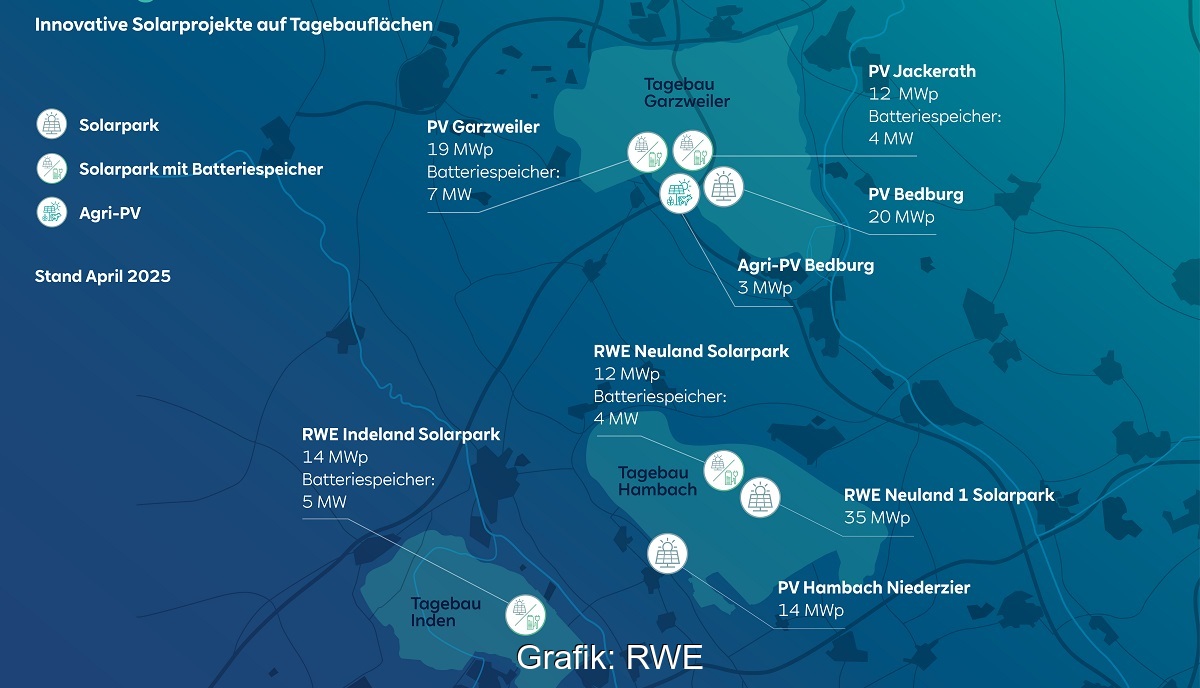 Eine Karte zeigt die Solarparks von RWE im Rheinischen Revier, im Tagebau Hambach kommt ein weiteres Solarkraftwerk hinzu.