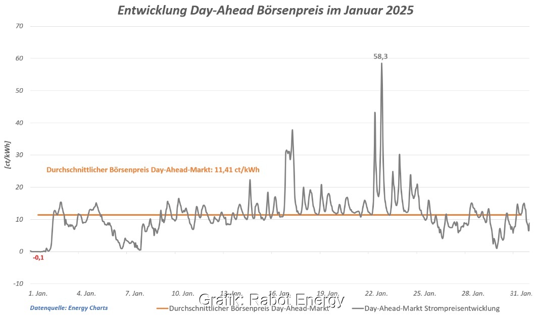 Im Bild eine Grafik der Strompreise im Januar 2025, 14 Stunden lang gab es negative Strompreise.