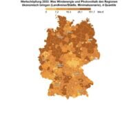 Die Grafik zeigt die Wertschöpfung 2033 auf eine gelb-orange-braun eingefärbten Deutschlandkarteauf eine gelb-orange-braun eingefärbten Deutschlandkarte auf einer gelb-orange-braun eingefärbten Deutschlandkarte: Was Windenergie und Photovoltaik den Regionen ökonomisch bringen (Landkreise/Städte, Minimalszenario).