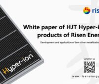 Abbildung Hyper-Ion Modul von risen. Text: White paper of HJT-Hyper-ion products of Risen Energy. Developement and application of Low-silver-metallization paste. Contact us.