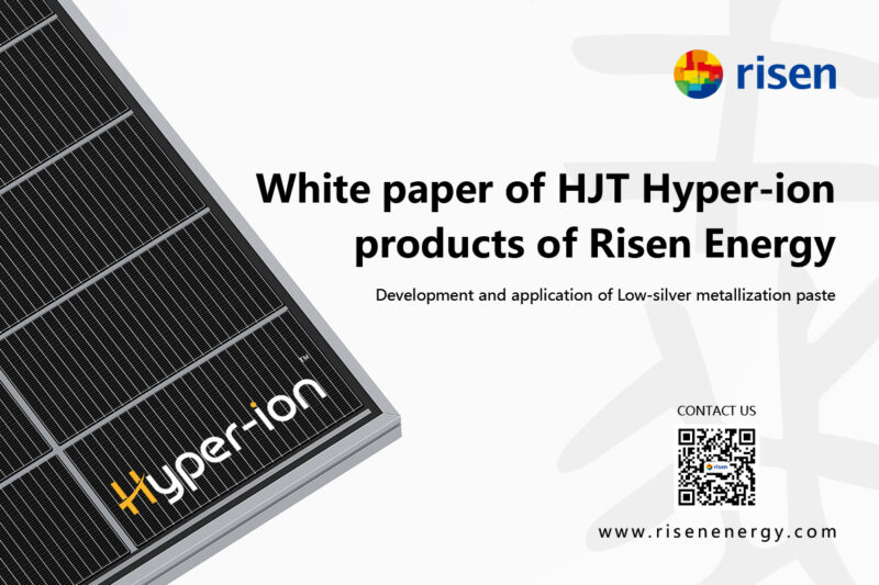 Abbildung Hyper-Ion Modul von risen. Text: White paper of HJT-Hyper-ion products of Risen Energy. Developement and application of Low-silver-metallization paste. Contact us.