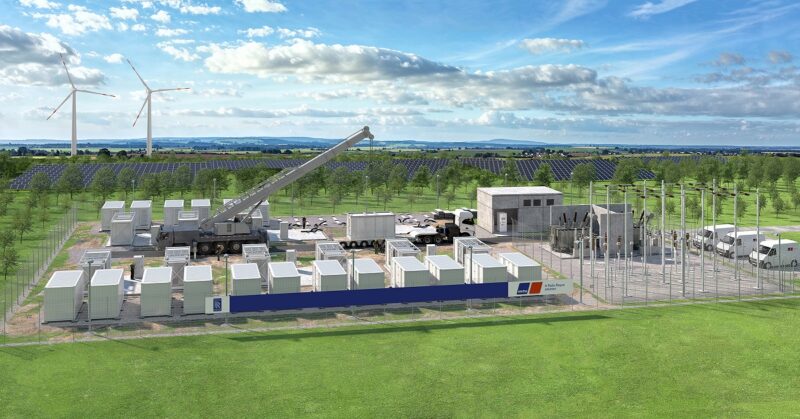 Eine Illustration von Rolls-Royce zeigt den Bau vom Strom-Großspeicher, im Hintergrund Windenergieanlagen und Photovoltaik.