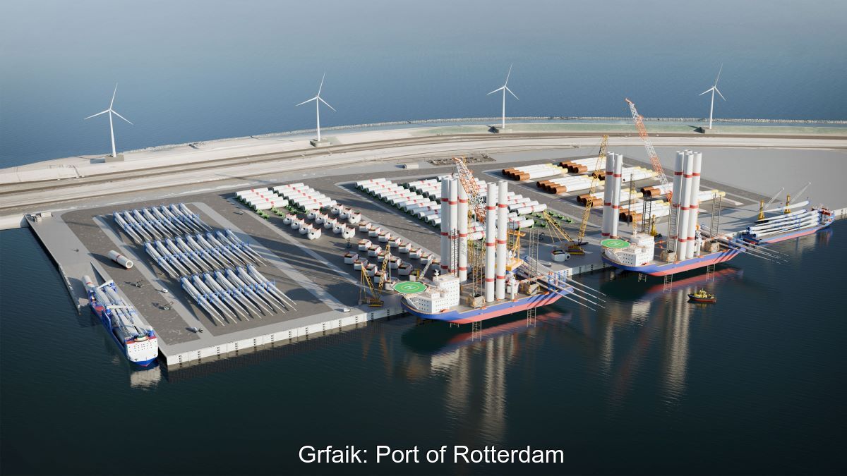Animation des geplanten Wind-Offshore-Terminals in Rotterdam.