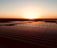Sonnenuntergang über einem in rotes Licht getauchten Solarpark