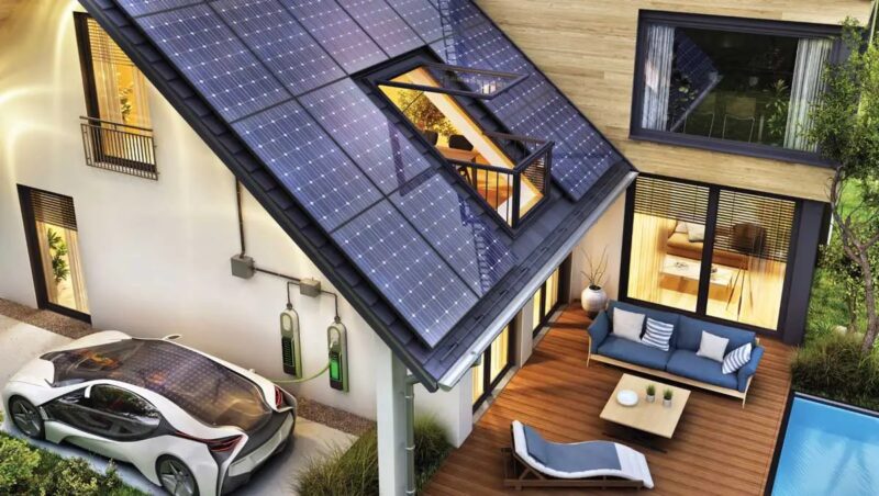Im Bild ein Eigenheim mit E-Auto, das KfW-Förderprogramm Solarstrom für Elektroautos fördert Luxus.